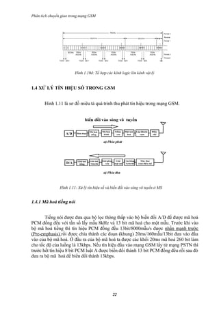 Phân tích chuyển giao trong mạng GSM




                        Hình 1.10d: Tổ hợp các kênh logic lên kênh vật lý


1.4 XỬ LÝ TÍN HIỆU SỐ TRONG GSM


       Hình 1.11 là sơ đồ miêu tả quá trình thu phát tín hiệu trong mạng GSM.




               Hình 1.11: Xử lý tín hiệu số và biến đổi vào sóng vô tuyến ở MS


1.4.1 Mã hoá tiếng nói


       Tiếng nói được đưa qua bộ lọc thông thấp vào bộ biến đổi A/D để được mã hoá
PCM đồng đều với tần số lấy mẫu 8kHz và 13 bit mã hoá cho một mẫu. Trước khi vào
bộ mã hoá tiếng thì tín hiệu PCM đồng đều 13bit/8000mẫu/s được nhấn mạnh trước
(Pre-emphasis) rồi được chia thành các đoạn (khung) 20ms/160mẫu/13bit đưa vào đầu
vào của bộ mã hoá. Ở đầu ra của bộ mã hoá ta được các khối 20ms mã hoá 260 bit làm
cho tốc độ của luồng là 13kbps. Nếu tín hiệu đầu vào mạng GSM lấy từ mạng PSTN thì
trước hết tín hiệu 8 bit PCM luật A được biến đổi thành 13 bit PCM đồng đều rồi sau đó
đưa ra bộ mã hoá để biến đổi thành 13kbps.




                                               22
 