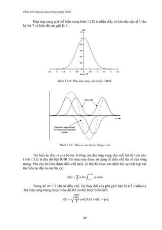 Phân tích chuyển giao trong mạng GSM


       Đáp ứng xung g(t) thể hiện trong hình 1.12b ta nhận thấy nó kéo dài xấp xĩ 3 chu
kỳ bit T và biên độ của g(t) là 1.




                          Hình 2.15b: Đáp ứng xung của bộ lọc GMSK




                           Hình 2.15c: Đầu ra của bộ lọc băng cơ sở


        Tín hiệu tại đầu ra của bộ lọc là tổng của đáp ứng xung cho mỗi bit dữ liệu vào.
Hình 1.12c là dãy dữ liệu 0010. Tín hiệu này được sử dụng để điều chế tần số của sóng
mang. Pha của tín hiệu được điều chế φ(t) có thể đã được xác định bởi sự tích hợp các
tín hiệu tại đầu ra của bộ lọc:




       Trong đó m=1/2 chỉ số điều chế. Sự thay đổi của pha giới hạn là π/2 (radians).
Tín hiệu sóng mang được điều chế RF có thể được biểu diễn:




                                             29
 