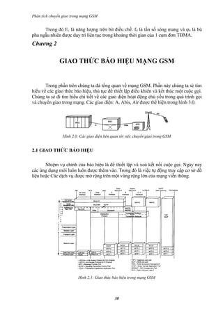 Phân tích chuyển giao trong mạng GSM


      Trong đó Ec là năng lượng trên bit điều chế. f0 là tần số sóng mang và φ0 là bù
pha ngẫu nhiên được duy trì liên tục trong khoảng thời gian của 1 cụm đơn TDMA.
Chương 2

               GIAO THỨC BÁO HIỆU MẠNG GSM


       Trong phần trên chúng ta đả tổng quan về mạng GSM. Phần này chúng ta sẻ tìm
hiểu về các giao thức báo hiệu, thủ tục để thiết lập điều khiển và kết thúc một cuộc gọi.
Chúng ta sẻ đi tìm hiểu chi tiết về các giao diện hoạt động chủ yếu trong quá trình gọi
và chuyển giao trong mạng. Các giao diện: A, Abis, Air được thể hiện trong hình 3.0.




                Hình 2.0: Các giao diện liên quan tới việc chuyển giao trong GSM


2.1 GIAO THỨC BÁO HIỆU

       Nhiệm vụ chính của báo hiệu là để thiết lập và xoá kết nối cuộc gọi. Ngày nay
các ứng dụng mới luôn luôn được thêm vào. Trong đó là việc tự động truy cập cơ sở dữ
liệu hoặc Các dịch vụ được mở rộng trên một vùng rộng lớn của mạng viễn thông.




                         Hình 2.1: Giao thức báo hiệu trong mạng GSM




                                              30
 