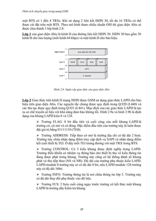 Phân tích chuyển giao trong mạng GSM


một BTS có 1 đến 4 TRXs. Khi sử dụng 2 liên kết ISDN 30, tối đa 16 TRXs có thể
được cài đặt trên một BTS. Theo mô hình tham chiếu chuẩn OSI thì giao diện Abis sẻ
được chia thành 3 lớp hình 2.8:
Lớp 1 của giao diện Abis là kênh D của đường liên kết ISDN 30. ISDN 30 bao gồm 30
kênh B cho lưu lượng (mổi kênh 64 kbps) và một kênh D cho báo hiệu.




                        Hình 2.8: Ngăn xếp giao thức của giao diện Abis


Lớp 2 Giao thức trên kênh D mạng ISDN được GSM sử dụng giao thức LAPD cho báo
hiệu trên giao diện Abis. Các nguyên tắc chung được quy định trong Q.920 (I.440) và
các thủ tục được quy định trong Q.921 (I.441). Mục đích của các giao thức LAPD là tạo
ra cơ chế truyền số liệu với khả năng đảm bảo không lỗi. Hình 2.9a và hình 2.9b là định
dạng của khung LAPD kiêu 8 và 128.
            Trường FLAG: 8 bit đầu tiên và cuối cùng của mỗi khung LAPD là
           trường cờ, cờ mở và cờ đóng. Đặc điểm đầu tiên của trường này là luôn được
           đặt giá trị bằng 01111110 (7EH).
            Trường ADDRESS: Tiếp theo cờ mở là trường địa chỉ có độ dài 2 byte.
           Trường này chứa nhận dạng điểm truy cập dịch vụ SAPI và nhận dạng điểm
           kết cuối thiết bị TEI. Ở đây mỗi TEI tương đương với một TRX trong BTS.
            Trường CONTROL: Có 3 kiểu khung được định nghĩa trong LAPD.
           Trường điều khiển có nhiệm vụ thông báo cho thiết bị thu về kiểu thông tin
           đang được phát trong khung. Trường này cũng có hệ thống đánh số khung
           phát và thu tiếp theo (NS và NR). Độ dài của trường phụ thuộc kiểu LAPD.
           LAPD module 8 trường này sẻ có độ dài 8 bit, nếu LAPD module 128 trường
           này có độ dài 16bit.
            Trường INFO: Trường thông tin là nơi chứa thông tin lớp 3. Trường này
           có độ dài thay đổi phụ thuộc vào dữ liệu.
            Trường FCS: 2 byte cuối cùng ngay trước trường cờ kết thúc một khung
           LAPD là trường dãy kiểm tra khung.




                                              35
 