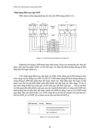 Phân tích chuyển giao trong mạng GSM


Nhận dạng điểm truy cập SAPI
       BSC phải có khả năng đánh địa chỉ cho mỗi TRX riêng (hình 2.11).




                             Hình 2.11. Kết nối liên kết dữ liệu trên kênh D


      Đánh địa chỉ trong LAPD được thực hiện trong 2 byte của trường địa chỉ. Địa chỉ
được chia làm hai phần SAPI và TEI kết hợp với nhau để định hướng khung đi đến
điểm kết nối logic chính xác.


        6 bit nhận dạng điểm truy cập dịch vụ SAPI. Chức năng của SAPI tương tự như
chức năng của hệ thống con SSN với SCCP. SAPI được dùng để định hướng thông tin
trong khung LAPD đến phần thực thể logic chính xác. Một phần thực thể logic có thể
được xem như là một khối phần mềm điều khiển một tập hợp các chức năng. Ví dụ về
các chức năng là khởi tạo cuộc gọi, trả lời cuộc gọi, kết thúc cuộc gọi .... Tất cả các bản
tin liên quan đến điều khiển cuộc gọi của các mạch đã định phải có cùng một SAPI nên
định hướng bản tin đến thực thể logic chính xác.GSM sử dụng 3 giá trị của SAPI trong
giao diện Abis cho dưới hình 2.12. SAPI cũng chỉ ra ưu tiên di chuyển của một bản tin.
Giá trị SAPI_62 và SAPI_63 có được sự ưu tiên cao hơn là SAPI_0.




                                 Hình 2.12. Các giá trị SAPI




                                               38
 