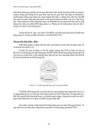 Phân tích chuyển giao trong mạng GSM


hiệu được thông qua những yếu tố giao diện được tiêu chuẩn hoá như là bản tin request,
respose thông qua thông tin từ giao thức lớp cao tới giao thức lớp thấp và indications,
confirmation thông qua thông tin trong hướng đối diện ), những thay đổi bên lớp RR
liên quan tới chức năng như gán kênh và kết quả đo kiểm tra kênh, việc đo ở đây là do
lớp 1 đảm nhiệm đo chất lượng báo hiệu của kênh BCCH các trạm BTS lân cận và chất
lượng báo hiệu của chính BTS đang phục vụ. Thông tin đo lường được đưa tới lớp 3
trong cơ sở dịch vụ đo lường lớp 3.


      Trong chế độ rổi, lớp 1 lựa chọn Cell (BTS) với chất lượng báo hiệu tốt nhất hoạt
động cùng cơ sở lớp con RR trên dịch vụ của BCCH/CCCH.


Thủ tục báo hiệu điểm - điểm
       GSM định nghĩa và phân biệt hai kiểu vận hành của một trạm di động: kiểu rổi
và kiều dò tìm (hình 2.21).
       Ở kiểu rỗi trạm di động có thể tắt nguồn (trạng thái NULL) hoặc dò tìm đo
BCCH với chất lượng tốt nhất (trạng thái SEARCHING BCH) hoặc đồng bộ hoá BCCH
của trạm cơ sở đặc biệt và sẵn sàng để thực hiện thủ tục truy cập ngẫu nhiên trên RACH
để yêu cầu kênh dò tìm BCH trạng thái.




                     Hình 2.21: Sơ đồ trạng thái lớp vật lý của trạm di động


      TUNING DCH trạng thái của kiểu dò tìm, trạm di động thực hiện kênh vật lý và
cố gắng đồng bộ nó với kết quả cuối cùng truyền tới DCH trạng thái. Ở trạng thái này,
MS sẵn sàng để thiết lập kênh logic và chuyển mạch chúng, Trạng thái truyền của lớp 1
được điều khiển bởi cơ sở dịch vụ MPH của giao diện RR.


       Giao diện với lớp 2 (lớp liên kết dữ liệu) thông qua các hàm PH nguyên thuỷ. Và
giao diện với các khối chức năng khác trong MS và trong mạng qua kênh TCHs.




                                               45
 