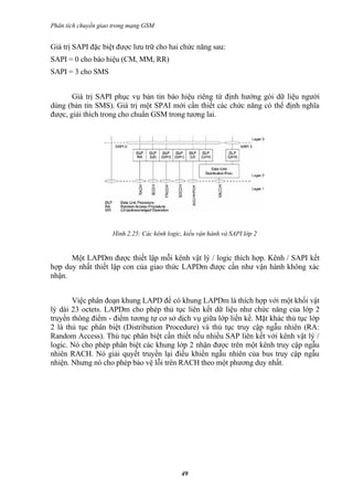 Phân tích chuyển giao trong mạng GSM


Giá trị SAPI đặc biệt được lưu trữ cho hai chức năng sau:
SAPI = 0 cho báo hiệu (CM, MM, RR)
SAPI = 3 cho SMS


       Giá trị SAPI phục vụ bản tin báo hiệu riêng từ định hướng gói dữ liệu người
dùng (bản tin SMS). Giá trị một SPAI mới cần thiết các chức năng có thể định nghĩa
được, giải thích trong cho chuẩn GSM trong tương lai.




                     Hình 2.25: Các kênh logic, kiểu vận hành và SAPI lớp 2


      Một LAPDm được thiết lập mỗi kênh vật lý / logic thích hợp. Kênh / SAPI kết
hợp duy nhất thiết lập con của giao thức LAPDm được cần như vận hành không xác
nhận.


       Việc phân đoạn khung LAPD để có khung LAPDm là thích hợp với một khối vật
lý dài 23 octets. LAPDm cho phép thủ tục liên kết dữ liệu như chức năng của lớp 2
truyền thông điểm - điểm tương tự cơ sở dịch vụ giữa lớp liền kề. Mặt khác thủ tục lớp
2 là thủ tục phân biệt (Distribution Procedure) và thủ tục truy cập ngẫu nhiên (RA:
Random Access). Thủ tục phân biệt cần thiết nếu nhiều SAP liên kết với kênh vật lý /
logic. Nó cho phép phân biệt các khung lớp 2 nhận được trên một kênh truy cập ngẫu
nhiên RACH. Nó giải quyết truyền lại điều khiển ngẫu nhiên của bus truy cập ngẫu
nhiện. Nhưng nó cho phép bảo vệ lỗi trên RACH theo một phương duy nhất.




                                              49
 