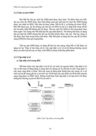 Phân tích chuyển giao trong mạng GSM


2.2.2 Gán và tách IMSI


       Khi MS tắt, thủ tục tách lấy IMSI phải được thực hiện. Từ điểm nhìn của MS,
thủ tục tách lấy IMSI được thực hiện bằng cách gửi một bản tin tách lấy IMSI không
được xác nhận tới BSS. Nếu bản tin được nhận, MS bị để ý và không tới được HLR.
Khi MS được gọi, lúc đó không cần liên hệ với BTS cũ (từ LA nhận biết trong HLR)
chỉ tìm thấy rằng MS không thể tới được. Thủ tục tách lấy IMSI có thể cũng được thực
hiện ngầm bởi mạng nếu MS thất bại khi cập nhật định kỳ. Nó không bắt buộc sử dụng
thủ tục tách lấy IMSI nhưng hầu hết các bộ điều khiển chọn việc này. Thủ tục cũng có
thể được thực hiện trong hoàn cảnh khác. Một MS phải sử dụng thủ tục này để rời khỏi
nạng GSM khi tham gia mạng khác.


       Thủ tục gán IMSI được sử dụng để báo tin cho mạng, rằng MS có thể được sử
dụng trở lại. Thực tế báo hiệu chỉ là việc cập nhật vị trí và nó là không thường xuyên
được coi như một thủ tục có thực. Gán IMSI sẻ được trình bày phần dưới.


2.2.3 Cập nhật vị trí
   a. Cập nhật vị trí trong BSS

       MS thực hiện việc cập nhật vị trí (LU) với một vài nguyên nhân. Cập nhật vị trí
xãy ra khi trạm di động đang ở trạng thái rổi nhưng nó di chuyển từ một vùng định vị
này sang vùng định vị khác. Khi này trạm di động phải thông báo cho mang về vị trí
mới của nó để mạng ghi lại vị trí mới vào VLR hoặc nếu cần thiết vào HLR (khi chuyển
sang vùng phục vụ MSC mới). Thông tin để thực hiện cập nhật vị trí dựa trên LAI được
thông báo thường xuyên từ BCCH của mỗi ô.




                             Hình 2.30a: Cập nhật vị trí trong BSS




                                              57
 