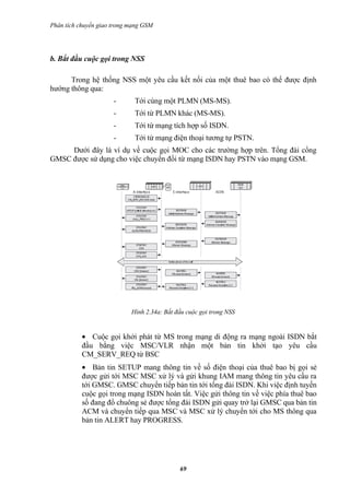 Phân tích chuyển giao trong mạng GSM




b. Bắt đầu cuộc gọi trong NSS

      Trong hệ thống NSS một yêu cầu kết nối của một thuê bao có thể được định
hướng thông qua:
                      -      Tới cùng một PLMN (MS-MS).
                      -      Tới từ PLMN khác (MS-MS).
                      -      Tới từ mạng tích hợp số ISDN.
                      -      Tới từ mạng điện thoại tương tự PSTN.
     Dưới đây là ví dụ về cuộc gọi MOC cho các trường hợp trên. Tổng đài cổng
GMSC được sử dụng cho việc chuyển đổi từ mạng ISDN hay PSTN vào mạng GSM.




                            Hình 2.34a: Bắt đầu cuộc gọi trong NSS


           • Cuộc gọi khởi phát từ MS trong mạng di động ra mạng ngoài ISDN bắt
           đầu bằng việc MSC/VLR nhận một bản tin khởi tạo yêu cầu
           CM_SERV_REQ từ BSC
           • Bản tin SETUP mang thông tin về số điện thoại của thuê bao bị gọi sẻ
           được gửi tới MSC MSC xử lý và gửi khung IAM mang thông tin yêu cầu ra
           tới GMSC. GMSC chuyển tiếp bản tin tới tổng đài ISDN. Khi việc định tuyến
           cuộc gọi trong mạng ISDN hoàn tất. Việc gửi thông tin về việc phía thuê bao
           số đang đổ chuông sẻ được tổng đài ISDN gửi quay trở lại GMSC qua bản tin
           ACM và chuyển tiếp qua MSC và MSC xử lý chuyển tới cho MS thông qua
           bản tin ALERT hay PROGRESS.




                                             69
 