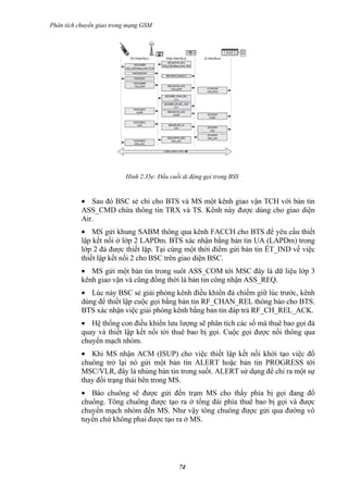 Phân tích chuyển giao trong mạng GSM




                          Hình 2.35e: Đầu cuối di động gọi trong BSS


           • Sau đó BSC sẻ chỉ cho BTS và MS một kênh giao vận TCH với bản tin
           ASS_CMD chứa thông tin TRX và TS. Kênh này được dùng cho giao diện
           Air.
           • MS gửi khung SABM thông qua kênh FACCH cho BTS để yêu cầu thiết
           lập kết nối ở lớp 2 LAPDm. BTS xác nhận bằng bản tin UA (LAPDm) trong
           lớp 2 đả được thiết lập. Tại cùng một thời điểm gửi bản tin ÉT_IND về việc
           thiết lập kết nối 2 cho BSC trên giao diện BSC.
           • MS gửi một bản tin trong suôt ASS_COM tới MSC đây là dữ liệu lớp 3
           kênh giao vận và cũng đồng thời là bản tin công nhận ASS_REQ.
           • Lúc này BSC sẻ giải phóng kênh điều khiển đả chiếm giữ lúc trước, kênh
           dùng để thiết lập cuộc gọi bằng bản tin RF_CHAN_REL thông báo cho BTS.
           BTS xác nhận việc giải phóng kênh bằng bản tin đáp trả RF_CH_REL_ACK.
           • Hệ thống con điều khiển lưu lượng sẽ phân tích các số mà thuê bao gọi đả
           quay và thiết lập kết nối tới thuê bao bị gọi. Cuộc gọi được nối thông qua
           chuyển mạch nhóm.
           • Khi MS nhận ACM (ISUP) cho việc thiết lập kết nối khởi tạo việc đổ
           chuông trở lại nó gửi một bản tin ALERT hoặc bản tin PROGRESS tới
           MSC/VLR, đây là nhúng bản tin trong suốt. ALERT sử dụng để chỉ ra một sự
           thay đổi trạng thái bên trong MS.
           • Báo chuông sẽ được gửi đến trạm MS cho thấy phía bị gọi đang đổ
           chuông. Tông chuông được tạo ra ở tổng đài phía thuê bao bị gọi và được
           chuyển mạch nhóm đến MS. Như vậy tông chuông được gửi qua đường vô
           tuyến chứ không phai được tạo ra ở MS.




                                             74
 