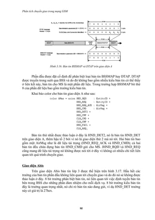 Phân tích chuyển giao trong mạng GSM




                      Hình 3.16: Bản tin BSSMAP và DTAP trên giao diện A


       Phần đầu được đặt cố định để phân biệt loại bản tin BSSMAP hay DTAP. DTAP
được truyền trong suôt qua BSS và do đó không bao gồm nhiều kiểu bản tin có thể thấy
ở liên kết này, bản tin cho MS là một phần dữ liệu. Trong trường hợp BSSMAP bit thứ
8 của phần dữ liệu bao gồm trường kiểu bản tin.
       Khai báo color cho bản tin giao diện A như sau:




       Bản tin thứ nhất được thảo luận ở đây là HND_DET2, nó là bản tin HND_DET
trên giao diện A, thêm hậu tố 2 bởi vì nó là giao diện thứ 2 mà nó tới. Hai bản tin bao
gồm một AirMsg như là dữ liệu tải trọng (HND_REQ_ACK và HND_CMD); cả hai
bản tin đều chứa đựng bản tin HND_CMD gửi cho MS. JHND_RQD và HND_REQ
cũng mang dữ liệu tải trọng nó không được nói tới ở đây vì không có nhiều chi tiết liên
quan tới quá trình chuyển giao.


Giao diện Abis
       Trên giao diện Abis bản tin lớp 3 được thể hiện trên hình 3.17. Hầu hết các
trường của bản tin phần đầu không liên quan tới chuyển giao và do đó nó sẻ không được
thảo luận ở đây. 8 bit trường phân biệt bản tin, nó liên quan tới việc định tuyến bản tin
bên trong BSS cho những phần đảm nhiệm cho mỗi dịch vụ. 8 bit trường kiểu bản tin
đây là trường quan trọng nhất, nó chỉ rỏ bản tin nào đang gửi, ví dụ HND_DET trường
này có giá trị là 27hex.




                                             98
 