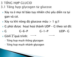  Xảy ra ở mọi tế bào tuy nhiên chủ yếu diễn ra tại
gan và cơ.
 Xảy ra khi nồng độ glucose máu > 1 g/l
 G phải được hoạt hoá thành UDP – G theo sơ đồ:
 G G-6-P G-1-P UDP- G
 Gồm 2 quá trình:
◦ Tổng hợp mạch thẳng glycogen
◦ Tổng hợp mạch nhánh glycogen
 