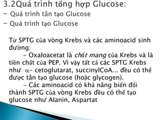 Từ SPTG của vòng Krebs và các aminoacid sinh
đường:
- Oxaloacetat là chất mang của Krebs và là
tiền chất của PEP. Vì vậy tất cả các SPTG Krebs
như - cetoglutarat, succinylCoA... đều có thể
được tân tạo glucose (hoặc glycogen).
- Các aminoacid có khả năng biến đổi
thành SPTG của vòng Krebs đều có thể tạo
glucose như Alanin, Aspartat
 