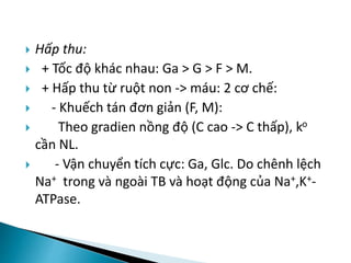  Hấp thu:
 + Tốc độ khác nhau: Ga > G > F > M.
 + Hấp thu từ ruột non -> máu: 2 cơ chế:
 - Khuếch tán đơn giản (F, M):
 Theo gradien nồng độ (C cao -> C thấp), ko
cần NL.
 - Vận chuyển tích cực: Ga, Glc. Do chênh lệch
Na+ trong và ngoài TB và hoạt động của Na+,K+-
ATPase.
 