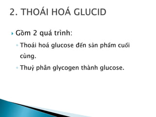  Gồm 2 quá trình:
◦ Thoái hoá glucose đến sản phẩm cuối
cùng.
◦ Thuỷ phân glycogen thành glucose.
 