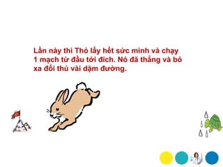 Lần này thì Thỏ lấy hết sức mình và chạy
1 mạch từ đầu tới đích. Nó đã thắng và bỏ
xa đối thủ vài dặm đường.
 