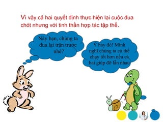 Vì vậy cả hai quyết định thực hiện lại cuộc đua
chót nhưng với tinh thần hợp tác tập thể.

       Này bạn, chúng ta
       đua lại trận trước     Ý hay đó! Mình
              nhé?          nghĩ chúng ta có thể
                            chạy tốt hơn nếu cả
                            hai giúp đỡ lẫn nhau
 