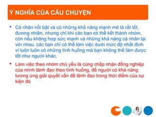 Ý NGHĨA CỦA CÂU CHUYỆN

 Cá nhân nổi bật và có những khả năng mạnh mẽ là rất tốt,
  đương nhiên, nhưng chỉ khi các bạn có thể kết thành nhóm,
  còn nếu không hợp sức mạnh và những khả năng cá nhân lại
  với nhau, các bạn chỉ có thể làm việc dưới mức độ nhất định
  vì luôn luôn có những tình huống mà bạn không thể làm được
  tốt như người khác.
 Làm việc theo nhóm chủ yếu là cùng chấp nhận đồng nghiệp
  của mình lãnh đạo theo tình huống, để người có khả năng
  tương ứng giải quyết vấn đề lãnh đạo trong thời điểm của sự
  kiện đó
 