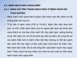 A.3. BỆNH MẠCH MÁU NGOẠI BIÊN
A.3.1. ĐÁNH GIÁ TÌNH TRẠNG MẠCH MÁU Ở BỆNH NHÂN ĐÁI
THÁO ĐƯỜNG
 Bệnh mạch máu ngoại biên là giảm tuần hoàn máu đến phần cơ thể
không phải não hay tim.
 Tỉ lệ mắc ở bệnh nhân ĐTĐ là 15-30%. Bệnh tiến triển theo thời
gian và tuổi. Chẩn đoán bệnh của chi ngoại biên dựa vào khám lâm
sàng (bệnh sử của đau chân cách hồi, đau nghỉ ngơi, quãng đường
đi bộ, bắt mạch chi, đo chỉ số cánh tay mắt cá chân). Sự cùng tồn tại
của bệnh thần kinh ở bệnh nhân đái tháo đường có thể làm giảm
đau cách hồi hay ngay cả đau nghỉ ngơi (rest pain) do thiếu máu.
Bắt mạch bàn chân vẫn là nền tảng tầm soát bệnh mạch máu ngoại
biên. Thiếu mạch hai hay nhiều hơn trên hai bàn chân là chẩn đoán
bệnh mạch máu ngoại biên.
 