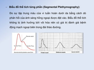  Biểu đồ thể tích từng phần (Segmental Plethymography):
Đo sự tập trung máu của vi tuần hoàn dưới da bằng cách dò
phản hồi của ánh sáng hồng ngoại được đặt vào. Biểu đồ thể tích
không bị ảnh hưởng bởi vôi hóa nên có giá trị đánh giá bệnh
động mạch ngoại biên trong đái tháo đường.
 