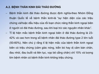 A.2. BỆNH THẦN KINH ĐÁI THÁO ĐƯỜNG
 Bệnh thần kinh đái tháo đường được định nghĩa-theo Nhóm Đồng
thuận Quốc tế về bệnh thần kinh-là “sự hiện diện của các triệu
chứng và/hoặc dấu hiệu của rối loạn chức năng thần kinh ngoại biên
ở người có đái tháo đường, sau khi loại trừ các nguyên nhân khác”.
 Tỉ lệ hiện mắc bệnh thần kinh ngoại biên ở đái tháo đường là 23-
42% và cao hơn trong số bệnh nhân đái tháo đường type 2 lớn tuổi
(50-60%). Nên chú ý rằng tỉ lệ hiện mắc của bệnh thần kinh ngoại
biên có triệu chứng (cảm giác nóng, kiến bò hay dị cảm bàn chân,
đau nhói, đau buốt và liên tục, vọp bẻ cẳng chân) chỉ 15% và lượng
lớn bệnh nhân có bệnh thần kinh không triệu chứng.
 