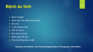 Bệnh ác tính
 Bệnh Hodgkin
 Bệnh bạch cầu cấp dong lymphô
 Đa u tủy
 U não nguyên phát
 Nôn do hóa trị
 Phù não do di căn
 Bệnh giảm tiểu cầu
 Phá hủy hồng cầu tự miễn
17
Goodman And Gilman's The Pharmacological Basis of Therapeutics 11th edition
 