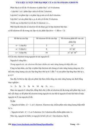 TÀI LIỆU LUYỆN THI ĐẠI HỌC CỦA GS MAYRADA GROUPS
Phân lớp d có tối đa 10 electron và phân lớp f có 14 electron.
- Lớp thứ 1 có 1 phân lớp s nên có tối đa 2 electron.
Lớp thứ 2 có phân lớp s và phân lớp p nên có tối đa 8 electron.
Lớp thứ 3 có các phân lớp s, p, d, nên có tối đa 18 electron.
Từ đó suy ra lớp thứ 4 có tối đa 32 electron v.v...
Một lớp đã chứa đủ số electron tối đa được gọi là lớp electron bão hào.
e) Số electron tối đa trong các lớp và các phân lớp (từ n = 1 đến n = 3)

Số thứ tự của lớp

Số electron tối đa của lớp

Số electron phân bố vào các
phân lớp

n = 1 (lớp K)

2

1s2

n = 2 (lớp L)

8

2s2 2p6

n = 3 (lớp M)

18

3s2 3p6 3d10

f) Cấu trúc electron trong nguyên tử các nguyên tố
Nguyên lí vững bền :
Trong nguyên tử, các electron lần lượt chiếm các mức năng lượng từ thấp đến cao.
Càng xa hạt nhân, các lớp và phân lớp electron nõi chung có mức năng lượng càng cao. Cụ
thể mức năng lượng của các lớp tăng theo thứ tự từ 1 đến 7 và của phân lớp tăng theo thứ tự s,
p, d, f.
Sau đây là thứ tự sắp xếp các phân lớp theo chiều tăng của mức năng lượng xác định bằng
thực nghiệm :
1s

2s

2p

3s

3p

4s

3d

4p

5s

v.v....

Dựa vào nguyên lí vững bền, đồng thời chú ý đến số electron tối đa trong mỗi phân lớp, ta có
thể viết được sơ đồ phân bố electron trong nguyên tử của bất kì nguyên tố náo khi biêt số hiệu
nguyên tử Z của nguyên tố đó.
Ví dụ:
- Nguyên tử hiđro : Z = 1, có 1 electron. Electron này chiếm phân mức năng lượng thấp nhất
là 1s.
- Nguyên tử heli : Z = 2, có 2 electron. Cả 2 electron đều chiếm phân mức 1s.
Như vậy, nguyên tử hiđro và nguyên tử heli chỉ có 1 lớp electron, lớp K.

FB: https://www.facebook.com/HoiNhungNguoiHamHoc

Trang - 11 -

 