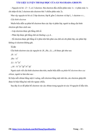 TÀI LIỆU LUYỆN THI ĐẠI HỌC CỦA GS MAYRADA GROUPS
- Nguyên tử liti : Z = 3, có 3 electron. Hai electron đầu chiếm phân mức 1s : vì phân mức 1s
chỉ nhận tối đa 2 electron nên electron thứ 3 chiếm phân mức 2s.
Như vậy nguyên tử liti có 2 lớp electron, lớp K gồm 2 electron và lớp L, 1 electron v.v...
Cấu hình electron
Muốn biểu diễn sự phân bố electron theo các lớp và phân lớp, người ta dùng cấu hình
electron ghi theo cách sau:
- Lớp electron được ghi bằng chữ số.
- Phân lớp được ghi bằng chữ cái thường s, p, d...
- Số electron được ghi bằng số ở phía trên bên phải của chữ cái chỉ phân lớp, các phân lớp
không có electron không ghi.
Ví dụ:
Cấu hinh electron của các nguyên tử 1H, 2He, 3Li, 13Al được ghi như sau:
1H

: 1s1

2He
3Li

: 1s2

: 1s2 2s1

13Al

: 1s2 2s2 2p6 3s2 3p1

Ngoài cách viết cấu hình electron như trên, muốn biểu diễn sự phân bố electron theo cac
obitan, người ta làm như sau :
Kí hiệu mỗi obitan bằng một ô vuông, mỗi electron bằng một mũi tên, các electron ghép đôi
được kí hiệu bằng hai mũi tên ngược chiều.
Sau đây là sơ đồ phân bố electron vào các obitan trong nguyên tử của 10 nguyên tố đầu tiên.

FB: https://www.facebook.com/HoiNhungNguoiHamHoc

Trang - 12 -

 