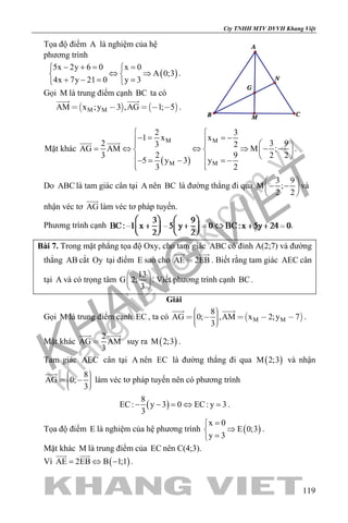 khangvietbook.com
.vn
Cty TNHH MTV DVVH Khang Việt
119
Tọa độ điểm A là nghiệm của hệ
phương trình
( )
5x 2y 6 0 x 0
A 0;3
4x 7y 21 0 y 3
− += = 
⇔ ⇒ 
+ −= = 
.
Gọi M là trung điểm cạnh BC ta có
   M MAM x ;y 3 ,AG 1; 5    
 
.
Mặt khác
( )
M M
M M
2 3
1 x x
2 3 93 2AG AM M ;
2 93 2 2
5 y 3 y
3 2
 
− = = −    
= ⇔ ⇔ ⇒ − −   
  − = − =−
 
 
.
Do ABC là tam giác cân tại A nên BC là đường thẳng đi qua
3 9
M ;
2 2
 
− − 
 
và
nhận véc tơ AG

làm véc tơ pháp tuyến.
Phương trình cạnh .
Bài 7. Trong mặt phẳng tọa độ Oxy, cho tam giác ABC có đỉnh A(2;7) và đường
thẳng AB cắt Oy tại điểm E sao cho AE 2EB
 
. Biết rằng tam giác AEC cân
tại A và có trọng tâm
13
G 2;
3
 
 
 
. Viết phương trình cạnh BC.
Giải
Gọi M là trung điểm cạnh EC , ta có  M M
8
AG 0; ,AM x 2;y 7
3
       
 
.
Mặt khác
2
AG AM
3

 
suy ra ( )M 2;3 .
Tam giác AEC cân tại A nên EC là đường thẳng đi qua ( )M 2;3 và nhận
8
AG 0;
3
     

làm véc tơ pháp tuyến nên có phương trình
( )
8
EC: y 3 0 EC: y 3
3
− − = ⇔ = .
Tọa độ điểm E là nghiệm của hệ phương trình ( )
x 0
E 0;3
y 3
=
⇒
=
.
Mặt khác M là trung điểm của EC nên C(4;3).
Vì ( )AE 2EB B 1;1= ⇔ −
 
.
 