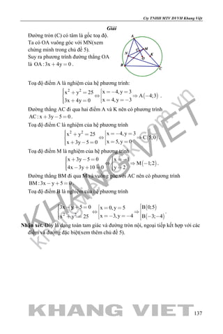 khangvietbook.com
.vn
Cty TNHH MTV DVVH Khang Việt
137
Giải
Đường tròn (C) có tâm là gốc toạ độ.
Ta có OA vuông góc với MN(xem
chứng minh trong chủ đề 5).
Suy ra phương trình đường thẳng OA
là OA :3x 4y 0  .
Toạ độ điểm A là nghiệm của hệ phương trình:
 
2 2 x 4,y 3x y 25
A 4;3
x 4,y 33x 4y 0
            
.
Đường thẳng AC đi qua hai điểm A và K nên có phương trình
AC: x 3y 5 0   .
Toạ độ điểm C là nghiệm của hệ phương trình
 
2 2 x 4,y 3x y 25
C 5;0
x 5,y 0x 3y 5 0
            
.
Toạ độ điểm M là nghiệm của hệ phương trình
 
x 3y 5 0 x 1
M 1;2
4x 3y 10 0 y 2
         
      
.
Đường thẳng BM đi qua M và vuông góc với AC nên có phương trình
BM :3x y 5 0   .
Toạ độ điểm B là nghiệm của hệ phương trình
 
 2 2
3x y 5 0 B 0;5x 0,y 5
x 3,y 4 B 3; 4x y 25
                 
.
Nhận xét. Đây là dạng toán tam giác và đường tròn nội, ngoại tiếp kết hợp với các
điểm và đường đặc biệt(xem thêm chủ đề 5).
 