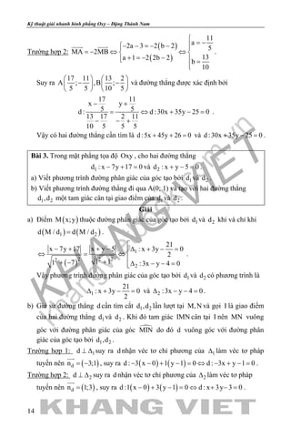 khangvietbook.com
.vn
Kỹ thuật giải nhanh hình phẳng Oxy – Đặng Thành Nam
14
Trường hợp 2:
( )
( )
11
a2a 3 2 b 2 5
MA 2MB
13a 1 2 2b 2
b
10

= −− − =− − 
=− ⇔ ⇔ 
+ =− −  =

 
.
Suy ra
17 11 13 2
A ; ,B ;
5 5 10 5
   
− −   
   
và đường thẳng được xác định bởi
17 11
x y
5 5d : d :30x 35y 25 0
13 17 2 11
10 5 5 5
− +
= ⇔ + −=
− − +
.
Vậy có hai đường thẳng cần tìm là d :5x 45y 26 0+ + =và d :30x 35y 25 0+ − =.
Bài 3. Trong mặt phẳng tọa độ Oxy , cho hai đường thẳng
1d : x 7y 17 0− + =và 2d : x y 5 0+ − =.
a) Viết phương trình đường phân giác của góc tạo bởi 1d và 2d .
b) Viết phương trình đường thẳng đi qua A(0; 1) và tạo với hai đường thẳng
1 2d ,d một tam giác cân tại giao điểm của 1d và 2d .
Giải
a) Điểm ( )M x;y thuộc đường phân giác của góc tạo bởi 1d và 2d khi và chỉ khi
( ) ( )1 2d M / d d M / d= .
( )
1
2 2 22
2
21
x 7y 17 x y 5 : x 3y 0
2
1 11 7 :3x y 4 0

− + + − ∆ + − =⇔ = ⇔
++ − ∆ − − =
.
Vậy phương trình đường phân giác của góc tạo bởi 1d và 2d có phương trình là
1
21
: x 3y 0
2
∆ + − =và 2 :3x y 4 0∆ − − =.
b) Giả sử đường thẳng d cần tìm cắt 1 2d ,d lần lượt tại M,N và gọi I là giao điểm
của hai đường thẳng 1d và 2d . Khi đó tam giác IMN cân tại I nên MN vuông
góc với đường phân giác của góc MIN do đó d vuông góc với đường phân
giác của góc tạo bởi 1 2d ,d .
Trường hợp 1: 1d ⊥ ∆ suy ra d nhận véc tơ chỉ phương của 1∆ làm véc tơ pháp
tuyến nên ( )dn 3;1= −

, suy ra ( ) ( )d : 3 x 0 1 y 1 0 d : 3x y 1 0− − + − = ⇔ − + − = .
Trường hợp 2: 2d ⊥ ∆ suy ra d nhận véc tơ chỉ phương của 2∆ làm véc tơ pháp
tuyến nên ( )dn 1;3=

, suy ra ( ) ( )d :1 x 0 3 y 1 0 d : x 3y 3 0− + − = ⇔ + − = .
 