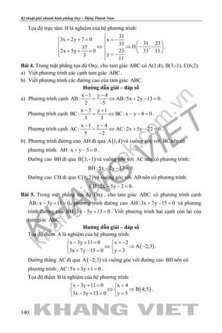 khangvietbook.com
.vn
Kỹ thuật giải nhanh hình phẳng Oxy – Đặng Thành Nam
140
Tọa độ trực tâm H là nghiệm của hệ phương trình:
31
3x 2y 7 0 x
31 2333
H ;37
23 33 112x 5y 0
y3
11

+ + = = −    
⇔ ⇒ − −   
+ + =    = − 
.
Bài 4. Trong mặt phẳng tọa độ Oxy, cho tam giác ABC có A(1;4), B(3;-1), C(6;2).
a) Viết phương trình các cạnh tam giác ABC .
b) Viết phương trình các đường cao của tam giác ABC .
Hướng dẫn giải – đáp số
a) Phương trình cạnh
x 1 y 4
AB: AB:5x 2y 13 0
2 5
− −
= ⇔ + − =
−
.
Phương trình cạnh
x 3 y 1
BC: BC: x y 4 0
3 3
− +
= ⇔ − −= .
Phương trình cạnh
x 1 y 4
AC: AC: 2x 5y 22 0
5 2
− −
= ⇔ + − =
−
.
b) Phương trình đường cao AH đi qua ( )A 1;4 và vuông góc với BCnên có
phương trình: AH : x y 5 0+ − =.
Đường cao BH đi qua ( )B 3; 1− và vuông góc với AC nên có phương trình:
BH :5x 2y 17 0− − =.
Đường cao CH đi qua ( )C 6;2 và vuông góc với AB nên có phương trình:
CH : 2x 5y 2 0− − =.
Bài 5. Trong mặt phẳng tọa độ Oxy , cho tam giác ABC có phương trình cạnh
AB: x 3y 11 0− + =, phương trình đường cao AH :3x 7y 15 0+ − =và phương
trình đường cao BH :3x 5y 13 0− + =. Viết phương trình hai cạnh còn lại của
tam giác ABC .
Hướng dẫn giải – đáp số
Tọa độ điểm A là nghiệm của hệ phương trình:
( )
x 3y 11 0 x 2
A 2;3
3x 7y 15 0 y 3
− + = =− 
⇔ ⇒ − 
+ −= = 
.
Đường thẳng AC đi qua ( )A 2;3− và vuông góc với đường cao BH nên có
phương trình: AC:5x 3y 1 0+ + = .
Tọa độ điểm B là nghiệm của hệ phương trình:
( )
x 3y 11 0 x 4
B 4;5
3x 5y 13 0 y 5
− += = 
⇔ ⇒ 
− += = 
.
 