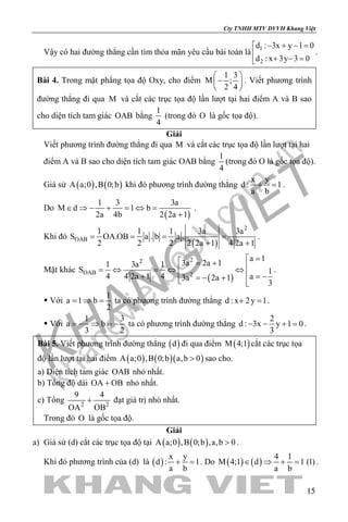 khangvietbook.com
.vn
Cty TNHH MTV DVVH Khang Việt
15
Vậy có hai đường thẳng cần tìm thỏa mãn yêu cầu bài toán là
1
2
d : 3x y 1 0
d : x 3y 3 0
− + − =

+ − =
.
Bài 4. Trong mặt phẳng tọa độ Oxy, cho điểm
1 3
M ;
2 4
 
− 
 
. Viết phương trình
đường thẳng đi qua M và cắt các trục tọa độ lần lượt tại hai điểm A và B sao
cho diện tích tam giác OAB bằng
1
4
(trong đó O là gốc tọa độ).
Giải
Viết phương trình đường thẳng đi qua M và cắt các trục tọa độ lần lượt tại hai
điểm A và B sao cho diện tích tam giác OAB bằng
1
4
(trong đó O là gốc tọa độ).
Giả sử ( ) ( )A a;0 ,B 0;b khi đó phương trình đường thẳng
x y
d : 1
a b
+ =.
Do
( )
1 3 3a
M d 1 b
2a 4b 2 2a 1
∈ ⇒ − + = ⇔ =
+
.
Khi đó
( )
2
OAB
1 1 1 3a 3a
S OA.OB a . b a .
2 2 2 2 2a 1 4 2a 1
= = = =
+ +
.
Mặt khác
( )
22
OAB 2
a 1
3a 2a 11 3a 1
S 1
4 4 2a 1 4 a3a 2a 1
3
= = + =⇔ =⇔ ⇔
+ = −=− + 
.
 Với
1
a 1 b
2
= ⇒ = ta có phương trình đường thẳng d : x 2y 1+ =.
 Với
1 3
a b
3 2
=− ⇒ =− ta có phương trình đường thẳng
2
d : 3x y 1 0
3
− − + =.
Bài 5. Viết phương trình đường thẳng ( )d đi qua điểm ( )M 4;1 cắt các trục tọa
độ lần lượt tại hai điểm ( ) ( )( )A a;0 ,B 0;b a,b 0> sao cho.
a) Diện tích tam giác OAB nhỏ nhất.
b) Tổng độ dài OA OB+ nhỏ nhất.
c) Tổng 2 2
9 4
OA OB
+ đạt giá trị nhỏ nhất.
Trong đó O là gốc tọa độ.
Giải
a) Giả sử (d) cắt các trục tọa độ tại ( ) ( )A a;0 ,B 0;b ,a,b 0> .
Khi đó phương trình của (d) là ( )
x y
d : 1
a b
+ =. Do ( ) ( )
4 1
M 4;1 d 1 (1)
a b
∈ ⇒ + = .
 