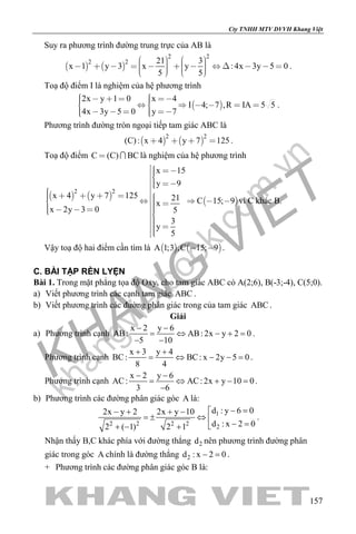 khangvietbook.com
.vn
Cty TNHH MTV DVVH Khang Việt
157
Suy ra phương trình đường trung trực của AB là
   
2 2
2 2 21 3
x 1 y 3 x y : 4x 3y 5 0
5 5
                       
.
Toạ độ điểm I là nghiệm của hệ phương trình
 
2x y 1 0 x 4
I 4; 7 ,R IA 5 5
4x 3y 5 0 y 7
            
      
.
Phương trình đường tròn ngoại tiếp tam giác ABC là
   
2 2
(C): x 4 y 7 125    .
Toạ độ điểm C (C) BC  là nghiệm của hệ phương trình
   
 
2 2
x 15
y 9
x 4 y 7 125 21 C 15; 9x
x 2y 3 0 5
3
y
5
  
                  
vì C khác B.
Vậy toạ độ hai điểm cần tìm là    A 1;3 ,C 15; 9  .
C. BÀI TẬP RÈN LYỆN
Bài 1. Trong mặt phẳng tọa độ Oxy, cho tam giác ABC có A(2;6), B(-3;-4), C(5;0).
a) Viết phương trình các cạnh tam giác ABC .
b) Viết phương trình các đường phân giác trong của tam giác ABC .
Giải
a) Phương trình cạnh
x 2 y 6
AB: AB: 2x y 2 0
5 10
− −
= ⇔ − +=
− −
.
Phương trình cạnh
x 3 y 4
BC: BC: x 2y 5 0
8 4
+ +
= ⇔ − −= .
Phương trình cạnh
x 2 y 6
AC: AC: 2x y 10 0
3 6
− −
= ⇔ + − =
−
.
b) Phương trình các đường phân giác góc A là:
1
2 2 2 2
2
d : y 6 02x y 2 2x y 10
d : x 2 02 ( 1) 2 1
− =− + + −
=± ⇔  − =+ − +
.
Nhận thấy B,C khác phía với đường thẳng 2d nên phương trình đường phân
giác trong góc A chính là đường thẳng 2d : x 2 0− =.
+ Phương trình các đường phân giác góc B là:
 
