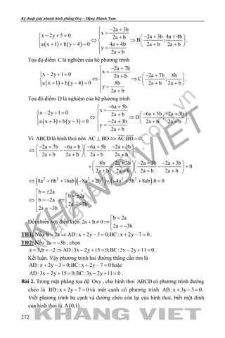 khangvietbook.com
.vn
Kỹ thuật giải nhanh hình phẳng Oxy – Đặng Thành Nam
272
( ) ( )
2a 3b
xx 2y 5 0 2a 3b 4a 4b2a b
B ;
a x 1 b y 4 0 4a 4b 2a b 2a b
y
2a b
− +
=− + = − + +   +
⇔ ⇒   + + − = + + +   =
 +
.
Tọa độ điểm C là nghiệm của hệ phương trình
( ) ( )
2a 7b
xx 2y 1 0 2a 7b 8b2a b
C ;
a x 1 b y 4 0 8b 2a b 2a b
y
2a b
− +
=− + = − +   +
⇔ ⇒   + + − = + +   =
 +
.
Tọa độ điểm D là nghiệm của hệ phương trình
( ) ( )
6a 5b
xx 2y 1 0 6a 5b 2a 3b2a b
D ;
a x 3 b y 3 0 2a 3b 2a b 2a b
y
2a b
− +
=− + = − + − +   +
⇔ ⇒   + + − = − + + +   =
 +
.
Vì ABCD là hình thoi nên AC BD AC.BD 0⊥ ⇔ =
 
.
2a 7b 6a b 6a 5b 2a 3b
2a b 2a b 2a b 2a b
8b 2a 3b 2a 3b 2a 3b
0
2a b 2a b 2a b 2a b
− + − + − + − +  
⇔ − −  
+ + + +  
+ − + − +  
+ − − =  
+ + + +  
( )( ) ( )2 2 2 2 2 2
8a 6b 16ab 8a 2b 4a 5b 8ab .0 0⇔ + + − + + − + + =
b 2a
b 2a
b 2a
2a 3b
2a 3b
= ±
= ±⇔ =− ⇔  = − = −
.
Đối chiếu với điều kiện
b 2a
2a b 0
2a 3b
=
+ ≠ ⇒  = −
.
TH1: Nếu b 2a AD: x 2y 3 0;BC: x 2y 7 0= ⇒ + − = + − = .
TH2: Nếu 2a 3b= − , chọn
a 3,b 2 AD:3x 2y 15 0;BC:3x 2y 11 0= =− ⇒ − + = − + =.
Kết luận. Vậy phương trình hai đường thẳng cần tìm là
AD: x 2y 3 0;BC: x 2y 7 0+ −= + −= hoặc
AD:3x 2y 15 0;BC:3x 2y 11 0− += − += .
Bài 2. Trong mặt phẳng tọa độ Oxy , cho hình thoi ABCD có phương trình đường
chéo là BD: x 2y 7 0+ − =và một cạnh có phương trình AB: x 3y 3 0+ − =.
Viết phương trình ba cạnh và đường chéo còn lại của hình thoi, biết một đỉnh
của hình thoi là ( )A 0;1 .
 