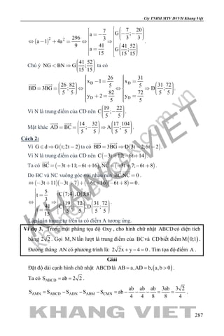 khangvietbook.com
.vn
Cty TNHH MTV DVVH Khang Việt
287
 
2 2
7 207 G ;a
3 3296 3
a 1 4a
419 41 52
a G ;
15 15 15
                            
.
Chú ý
41 52
NG BN G ;
15 15
     
ta có
D D
D D
26 31
x 1 x
26 82 31 725 5
BD 3BG ; D ;
82 725 5 5 5
y 2 y
5 5
                                 
 
.
Vì N là trung điểm của CD nên
19 22
C ;
5 5
     
.
Mặt khác
14 32 17 104
AD BC ; A ;
5 5 5 5
               
 
.
Cách 2:
Vì  G d G t;2t 2   ta có  BD 3BG D 3t 2;6t 2   
 
.
Vì N là trung điểm của CD nên  C 3t 12; 6t 14    .
Ta có    BC 3t 11; 6t 16 ,NC 3t 7; 6t 8         
 
.
Do BC và NC vuông góc với nhau nên BC.NC 0
 
.
     3t 11 3t 7 6t 16 6t 8 0           .
   5 C 7;4 ,D 3;8t
3
19 12 31 72
41 C ; ,D ;
t 5 5 5 5
15
                       
.
Lập luận tương tự trên ta có điểm A tương ứng.
Ví dụ 3. Trong mặt phẳng tọa độ Oxy , cho hình chữ nhật ABCD có diện tích
bằng 2 2 . Gọi M,N lần lượt là trung điểm của BCvà CD biết điểm ( )M 0;1 .
Đường thẳng AN có phương trình là: 2 2x y 4 0+ − =. Tìm tọa độ điểm A .
Giải
Đặt độ dài cạnh hình chữ nhật ABCD là ( )AB a,AD b, a,b 0= = > .
Ta có ABCDS ab 2 2= = .
AMN ABCD ADN ABM CMN
ab ab ab 3ab 3 2
S S S S S ab
4 4 8 8 4
= − − − = − − − = = .
 