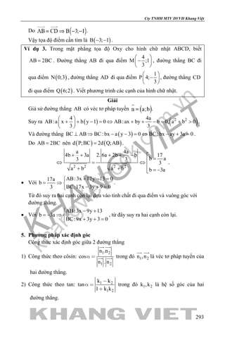 khangvietbook.com
.vn
Cty TNHH MTV DVVH Khang Việt
293
Do .
Vậy tọa độ điểm cần tìm là ( )B 3; 1− − .
Ví dụ 3. Trong mặt phẳng tọa độ Oxy cho hình chữ nhật ABCD, biết
AB 2BC= . Đường thẳng AB đi qua điểm
4
M ;1
3
 
− 
 
, đường thẳng BC đi
qua điểm ( )N 0;3 , đường thẳng AD đi qua điểm
1
P 4;
3
 
− 
 
, đường thẳng CD
đi qua điểm ( )Q 6;2 . Viết phương trình các cạnh của hình chữ nhật.
Giải
Giả sử đường thẳng AB có véc tơ pháp tuyến .
Suy ra ( ) ( )2 24 4a
AB:a x b y 1 0 AB:ax by b 0, a b 0
3 3
 
+ + − = ⇔ + + − = + > 
 
.
Và đường thẳng ( )BC AB BC: bx a y 3 0 BC: bx ay 3a 0⊥ ⇒ − − = ⇔ − + = .
Do AB 2BC= nên ( ) ( )d P;BC 2d Q;AB= .
2 2 2 2
a 4a
4b 3a 2. 6a 2b b 17
b a3 3
3
a b a b b 3a
+ + + + − 
=⇔ = ⇔
+ + = −
.
• Với
AB:3x 17y 13 017a
b
BC:17x 3y 9 03
+ − =
= ⇒ 
− + =
.
Từ đó suy ra hai cạnh còn lại dựa vào tính chất đi qua điểm và vuông góc với
đường thẳng.
• Với
AB:3x 9y 13
b 3a
BC:9x 3y 3 0
− +
=− ⇒ 
+ + =
, từ đây suy ra hai cạnh còn lại.
5. Phương pháp xác định góc
Công thức xác định góc giữa 2 đường thẳng
1) Công thức theo côsin:
1 2
1 2
n .n
cos
n . n
 
 
  trong đó 1 2n ,n
 
là véc tơ pháp tuyến của
hai đường thẳng.
2) Công thức theo tan: 1 2
1 2
k k
tan
1 k k

 

trong đó 1 2k ,k là hệ số góc của hai
đường thẳng.
 