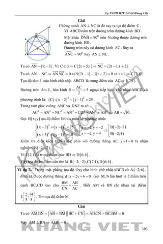 khangvietbook.com
.vn
Cty TNHH MTV DVVH Khang Việt
303
Giải
Chứng minh AN NC⊥ từ đó suy ra tọa độ điểm C .
Vì ABCD nằm trên đường tròn đường kính BD .
Mặt khác  0
DNB 90 nên N cũng thuộc đường tròn
đường kính BD .
Đường tròn này có đường kính AC . Suy ra
 0
ANC 90 hay AN NC⊥ .
Ta có  AN 9; 3 

. Vì    C d C 2t 5;t NC 2t 1;t 2      

.
Ta có      AN NC AN.NC 0 9 2t 1 3 t 2 0 t 1 C 7;1          
 
.
Tọa độ tâm I của hình chữ nhật ABCD là trung điểm của  AC I 2;1 .
Đường tròn tâm I , bán kính
AC
R 5
2
  ngoại tiếp hình chữ nhật ABCD có
phương trình là: ( ) ( ) ( )2 2
C : x 2 y 1 25− + − =.
Trong tam giác vuông ANC và DNE ta có:
2 2 2 2 2 2 2
AC AN NC AN CD AN AB AB 10= + = + = + ⇔ = .
Gọi ( )B x;y tọa độ điểm B thỏa mãn hệ phương trình:
( ) ( )
( ) ( )
( )
( )
2 2
2 2
x 2 y 1 25 B 2; 2x 2,y 2
x 2,y 4 B 2;4x 3 y 1 10
 − + −= − −=− =−
⇔ ⇒   =− = − + + − = 
.
Kiểm tra điều kiện B,N cùng phía với đường thẳng AC: y 1 0− = ta nhận
nghiệm ( )B 2; 2− − .
Vì ( )I 2;1 là trung điểm của ( )BD D 6;4⇒ .
Vậy tọa độ ba điểm cần tìm là ( ) ( ) ( )B 2; 2 ,C 7;1 ,D 6;4− − .
Ví dụ 3. Trong mặt phẳng tọa độ Oxy cho hình chữ nhật ABCD có ( )A 2;6− ,
đỉnh B thuộc đường thẳng d : x 2y 6 0− + =. Gọi M,N lần lượt là 2 điểm trên
cạnh BC,CD sao cho
BM AB
CN AC
= . Biết AM và BN cắt nhau tại điểm
2 14
I ;
5 5
 
 
 
. Tìm tọa độ điểm M.
Giải
Ta có   AM.BN AB BM BC CN AB.CN BC.BM 0     
         
.
Vậy AM BN AI.BI 0  
 
.
 