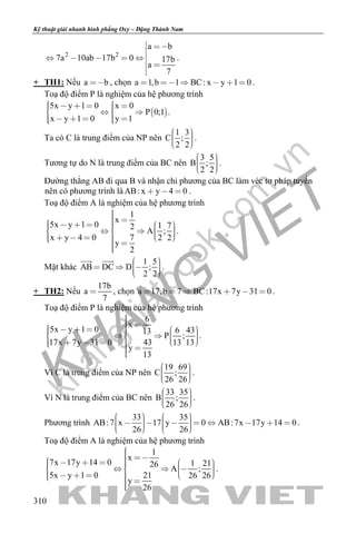 khangvietbook.com
.vn
Kỹ thuật giải nhanh hình phẳng Oxy – Đặng Thành Nam
310
2 2
a b
7a 10ab 17b 0 17b
a
7
 

    
 

.
+ TH1: Nếu a b , chọn a 1,b 1 BC: x y 1 0      .
Toạ độ điểm P là nghiệm của hệ phương trình
 
5x y 1 0 x 0
P 0;1
x y 1 0 y 1
        
      
.
Ta có C là trung điểm của NP nên
1 3
C ;
2 2
    
.
Tương tự do N là trung điểm của BC nên
3 5
B ;
2 2
    
.
Đường thẳng AB đi qua B và nhận chỉ phương của BC làm véc tơ pháp tuyến
nên có phương trình là AB: x y 4 0   .
Toạ độ điểm A là nghiệm của hệ phương trình
1
x
5x y 1 0 1 72
A ;
x y 4 0 7 2 2
y
2
                     
.
Mặt khác
1 5
AB DC D ;
2 2
      
 
.
+ TH2: Nếu
17b
a
7
 , chọn a 17,b 7 BC:17x 7y 31 0      .
Toạ độ điểm P là nghiệm của hệ phương trình
6
x
5x y 1 0 6 4313
P ;
17x 7y 31 0 43 13 13
y
13
                     
.
Vì C là trung điểm của NP nên
19 69
C ;
26 26
    
.
Vì N là trung điểm của BC nên
33 35
B ;
26 26
    
.
Phương trình
33 35
AB:7 x 17 y 0 AB:7x 17y 14 0
26 26
                   
.
Toạ độ điểm A là nghiệm của hệ phương trình
1
x
7x 17y 14 0 1 2126
A ;
5x y 1 0 21 26 26
y
26
                      
.
 
