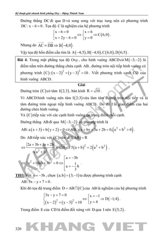 khangvietbook.com
.vn
Kỹ thuật giải nhanh hình phẳng Oxy – Đặng Thành Nam
320
Đường thẳng DC đi qua D và song song với trục tung nên có phương trình
DC: x 6 0− =. Tọa độ C là nghiệm của hệ phương trình
( )
x 6 0 x 6
C 6,0
x 2y 6 0 y 0
−= = 
⇔ ⇒ 
+ −= = 
.
Nhưng do .
Vậy tọa độ bốn điểm cần tìm là ( ) ( ) ( ) ( )A 4;5 ,B 4;0 ,C 6;0 ,D 6;5− − .
Bài 4. Trong mặt phẳng tọa độ Oxy , cho hình vuông ABCD có ( )M 3; 2− − là
điểm nằm trên đường thẳng chứa cạnh AB , đường tròn nội tiếp hình vuông có
phương trình ( ) ( ) ( )2 2
C : x 2 y 3 10− + − =. Viết phương trình cạnh CD của
hình vuông ABCD .
Giải
Đường tròn ( )C có tâm ( )I 2;3 , bán kính R 10= .
Vì ABCD hình vuông nên tâm ( )I 2;3 vừa làm tâm đường tròn nội tiếp và là
tâm đường tròn ngoại tiếp hình vuông ABCD . Do đó I là giao điểm của hai
đường chéo hình vuông.
Và ( )C tiếp xúc với các cạnh hình vuông tại trung điểm mỗi cạnh.
Đường thẳng AB đi qua ( )M 3; 2− − có phương trình là
( ) ( ) ( )2 2
AB:a x 3 b y 2 0 AB:a x by 3a 2b 0, a b 0+ + + = ⇔ + + + = + > .
Do AB tiếp xúc với ( )C nên ( )d I;AB R=
( ) ( )2 2 2
2 2
2a 3b 3a 2b
10 5 a b 2 a b
a b
+ + +
⇔ = ⇔ + = +
+
.
2 2
a 3b
3a 10ab 3b 0 1
a b
3
= −
⇔ + + =⇔
 = −

.
TH1: Với a 3b= − , chọn ( ) ( )a;b 3; 1= − ta được phương trình cạnh
AB:3x y 7 0− + =.
Khi đó tọa độ trung điểm ( )D AB C=  của AB là nghiệm của hệ phương trình
( ) ( )
( )2 2
3x y 7 0 x 1
D 1;4
y 4x 2 y 3 10
− + = = −
⇔ ⇒ − 
=− + − = 
.
Trung điểm E của CD là điểm đối xứng với D qua I nên ( )E 5;2 .
 