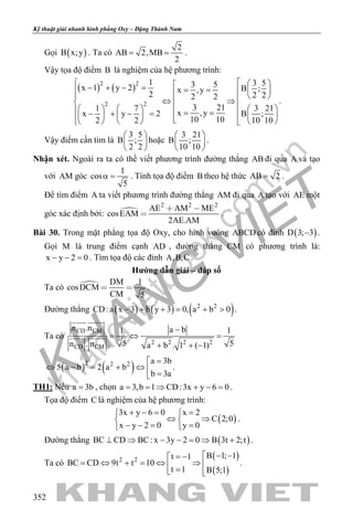 khangvietbook.com
.vn
Kỹ thuật giải nhanh hình phẳng Oxy – Đặng Thành Nam
352
Gọi ( )B x;y . Ta có
2
AB 2,MB
2
= = .
Vậy tọa độ điểm B là nghiệm của hệ phương trình:
( ) ( )2 2
2 2
1 3 53 5x 1 y 2 B ;x ,y
2 2 22 2
3 211 7 3 21
x ,yx y 2 B ;
10 102 2 10 10
   − + − = = =     ⇔ ⇒
      = =− + − =             
.
Vậy điểm cần tìm là
3 5
B ;
2 2
 
 
 
hoặc
3 21
B ;
10 10
 
 
 
.
Nhận xét. Ngoài ra ta có thể viết phương trình đường thẳng AB đi qua A và tạo
với AM góc
1
cos
5
α = . Tính tọa độ điểm B theo hệ thức AB 2= .
Để tìm điểm A ta viết phương trình đường thẳng AM đi qua A tạo với AE một
góc xác định bởi: 
2 2 2
AE AM ME
cosEAM
2AE.AM
 
 .
Bài 30. Trong mặt phẳng tọa độ Oxy, cho hình vuông ABCD có đỉnh ( )D 3; 3− .
Gọi M là trung điểm cạnh AD , đường thẳng CM có phương trình là:
x y 2 0− − =. Tìm tọa độ các đỉnh A,B,C .
Hướng dẫn giải – đáp số
Ta có  DM 1
cosDCM
CM 5
  .
Đường thẳng ( ) ( ) ( )2 2
CD:a x 3 b y 3 0, a b 0− + + = + > .
Ta có
CD CM
2 2 2 2
CD CM
n .n a b1 1
5 5n . n a b . 1 ( 1)
−
=⇔ =
+ + −
 
 
( ) ( )2 2 2 a 3b
5 a b 2 a b
b 3a
=
⇔ − = + ⇔  =
.
TH1: Nếu a 3b= , chọn a 3,b 1 CD:3x y 6 0= = ⇒ + − = .
Tọa độ điểm C là nghiệm của hệ phương trình:
( )
3x y 6 0 x 2
C 2;0
x y 2 0 y 0
+ −= = 
⇔ ⇒ 
− −= = 
.
Đường thẳng ( )BC CD BC: x 3y 2 0 B 3t 2;t⊥ ⇒ − − = ⇒ + .
Ta có
( )
( )
2 2
B 1; 1t 1
BC CD 9t t 10
t 1 B 5;1
 − −= −
= ⇔ + = ⇔ ⇒  = 
.
 