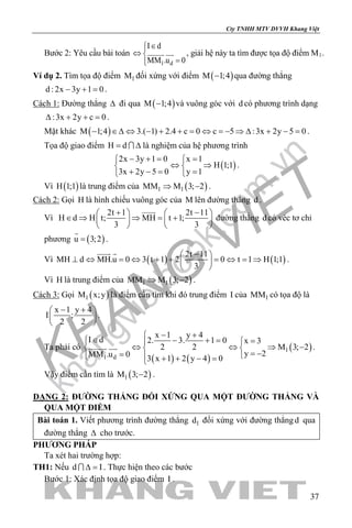 khangvietbook.com
.vn
Cty TNHH MTV DVVH Khang Việt
37
Bước 2: Yêu cầu bài toán
1 d
I d
MM .u 0
∈
⇔ 
=
  , giải hệ này ta tìm được tọa độ điểm M1.
Ví dụ 2. Tìm tọa độ điểm 1M đối xứng với điểm ( )M 1;4− qua đường thẳng
d : 2x 3y 1 0− + =.
Cách 1: Đường thẳng ∆ đi qua ( )M 1;4− và vuông góc với d có phương trình dạng
:3x 2y c 0∆ + + =.
Mặt khác ( )M 1;4 3.( 1) 2.4 c 0 c 5 :3x 2y 5 0− ∈∆ ⇔ − + + = ⇔ =− ⇒ ∆ + − = .
Tọa độ giao điểm H d= ∆ là nghiệm của hệ phương trình
( )
2x 3y 1 0 x 1
H 1;1
3x 2y 5 0 y 1
− += = 
⇔ ⇒ 
+ −= = 
.
Vì ( )H 1;1 là trung điểm của ( )1 1MM M 3; 2⇒ − .
Cách 2: Gọi H là hình chiếu vuông góc của M lên đường thẳng d .
Vì
2t 1 2t 11
H d H t; MH t 1;
3 3
+ −   
∈ ⇒ ⇒ = +   
   

đường thẳng d có véc tơ chỉ
phương ( )u 3;2=

.
Vì ( ) ( )
2t 11
MH d MH.u 0 3 t 1 2 0 t 1 H 1;1
3
− 
⊥ ⇔ = ⇔ + + = ⇔ = ⇒ 
 
 
.
Vì H là trung điểm của ( )1 1MM M 3; 2⇒ − .
Cách 3: Gọi ( )1M x;y là điểm cần tìm khi đó trung điểm I của 1MM có tọa độ là
x 1 y 4
I ;
2 2
− + 
 
 
.
Ta phải có
( ) ( )
( )1
1 d
x 1 y 4
I d 2. 3. 1 0 x 3
2 2 M 3; 2
y 2MM .u 0 3 x 1 2 y 4 0
− +∈ − + = = 
⇔ ⇔ ⇒ −  
= −=   + + − =
  .
Vậy điểm cần tìm là ( )1M 3; 2− .
DẠNG 2: ĐƯỜNG THẲNG ĐỐI XỨNG QUA MỘT ĐƯỜNG THẲNG VÀ
QUA MỘT ĐIỂM
Bài toán 1. Viết phương trình đường thẳng 1d đối xứng với đường thẳngd qua
đường thẳng ∆ cho trước.
PHƯƠNG PHÁP
Ta xét hai trường hợp:
TH1: Nếu d I∆ = . Thực hiện theo các bước
Bước 1: Xác định tọa độ giao điểm I .
 