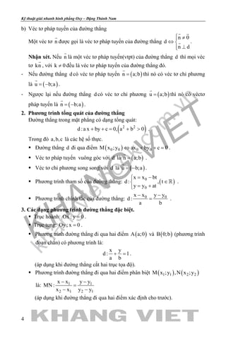 khangvietbook.com
.vn
Kỹ thuật giải nhanh hình phẳng Oxy – Đặng Thành Nam
4
b) Véc tơ pháp tuyến của đường thẳng
Một véc tơ n

được gọi là véc tơ pháp tuyến của đường thẳng
n 0
d
n d
 ≠
⇔ 
⊥
 
 .
Nhận xét. Nếu n

là một véc tơ pháp tuyến(vtpt) của đường thẳng d thì mọi véc
tơ kn

, với k 0≠ đều là véc tơ pháp tuyến của đường thẳng đó.
- Nếu đường thẳng d có véc tơ pháp tuyến ( )n a;b=

thì nó có véc tơ chỉ phương
là ( )u b;a= −

.
- Ngược lại nếu đường thẳng d có véc tơ chỉ phương ( )u a;b=

thì nó có véctơ
pháp tuyến là ( )n b;a= −

.
2. Phương trình tổng quát của đường thẳng
Đường thẳng trong mặt phẳng có dạng tổng quát:
( )2 2
d :a x by c 0, a b 0+ += + > .
Trong đó a,b,c là các hệ số thực.
 Đường thẳng d đi qua điểm ( )0 0 0 0M x ;y ax by c 0⇔ + + =.
 Véc tơ pháp tuyến vuông góc với d là ( )n a;b=

.
 Véc tơ chỉ phương song song với d là ( )u b;a= −

.
 Phương trình tham số của đường thẳng: ( )0
0
x x bt
d : , t
y y at
= −
∈
= +
 .
 Phương trình chính tắc của đường thẳng: 0 0x x y y
d :
a b
− −
= .
3. Các dạng phương trình đường thẳng đặc biệt.
 Trục hoành: Ox : y 0= .
 Trục tung: Oy: x 0= .
 Phương trình đường thẳng đi qua hai điểm ( )A a;0 và ( )B 0;b (phương trình
đoạn chắn) có phương trình là:
x y
d : 1
a b
+ =.
(áp dụng khi đường thẳng cắt hai trục tọa độ).
 Phương trình đường thẳng đi qua hai điểm phân biệt ( ) ( )1 1 2 2M x ;y ,N x ;y
là: 1 1
2 1 2 1
x x y y
MN :
x x y y
− −
=
− −
(áp dụng khi đường thẳng đi qua hai điểm xác định cho trước).
 