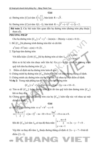 khangvietbook.com
.vn
Kỹ thuật giải nhanh hình phẳng Oxy – Đặng Thành Nam
450
Giải
a) Đường tròn ( )C có tâm
3
I 1;
2
 
 
 
, bán kính R 5= .
b) Đường tròn ( )C có tâm ( )I 1; 1− , bán kính 2 2
R 1 ( 1) ( 2) 2= + − − − = .
Bài toán 2. Các bài toán liên quan đến họ đường tròn (đường tròn phụ thuộc
tham số).
PHƯƠNG PHÁP
Cho họ đường tròn ( ) 2 2
mC : x y 2a(m)x 2b(m)y c(m) 0 (1)+ − − + = .
1. Để ( )mC là phương trình đường tròn khi và chỉ khi
2 2
a (m) b (m) c(m) 0 (2)+ − > .
2. Tập hợp tâm đường tròn
Với điều kiện (2) thì ( )mC là họ đường tròn có tâm m
x a(m)
I :
y b(m)
=

=
.
Khử m từ hệ trên tìm được mối liên hệ F(x;y) 0= đây chính là phương trình
quỹ tích tâm họ đường tròn ( )mC .
3. Điểm cố định mà họ đường tròn luôn đi qua.
4. Chứng minh họ đường tròn ( )mC luôn tiếp xúc với một đường thẳng cố định.
5. Chứng minh các đường tròn của họ tiếp xúc với nhau tại một điểm cố định.
Ví dụ 2: Trong mặt phẳng tọa độ Oxy , cho họ đường tròn
( ) ( ) ( )2 2
mC : x y m 6 x 2 m 1 y m 10 0+ − + − − + + =.
a) Tìm m để ( )mC là họ đường tròn. Khi đó tìm quỹ tích tâm đường tròn ( )mC
khi m thay đổi.
b) Chứng minh rằng các đường tròn của họ ( )mC luôn tiếp xúc với nhau tại một
điểm cố định.
Giải
a) Để ( )mC là đường tròn 2 2
a b c 0⇔ + − >
( )
2 2
2m 6 5m
m 1 m 10 0 0 m 0
2 4
+ 
⇔ + − − − > ⇔ > ⇔ ≠ 
 
.
Khi đó ( )mC có tâm mI có tọa độ thỏa mãn
m 6
x
2x y 7 02
y m 1
+
=
⇒ − − =
= −
.
Vậy khi m thay đổi tâm mI thuộc đường thẳng cố định d : 2x y 7 0− − =trừ đi
điểm ( )3; 1− .
 