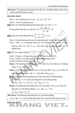 khangvietbook.com
.vn
Cty TNHH MTV DVVH Khang Việt
453
Bài toán 4. Viết phương trình đường tròn tiếp xúc với đường thẳng d cho trước
và thỏa mãn điều kiện cho trước.
PHƯƠNG PHÁP
Bước 1: Giả sử đường tròn ( ) ( ) ( )2 2 2
C : x a y b R− + − = .
Bước 2: Ta xét 3 trường hợp sau
TH1: Nếu d có dưới dạng phương trình tổng quát: Ax By C 0+ + =.
Sử dụng điều kiện tiếp xúc ( ) 2 2
Aa Bb C
d I;d R R
A B
+ +
=⇔ =
+
.
TH2: Nếu d cho dưới dạng tham số:  0
0
x x at
, t
y y bt
   
  
 .
Cách 1: Chuyển phương trình của d về dạng tổng quát và thực hiện tương tự TH1.
Cách 2: Thay x,y từ phương trình của d vào phương trình của (C) ta được
phương trình 2
At Bt C 0+ + =. Tìm điều kiện để phương trình này có
nghiệm kép.
TH3: Nếu d có dạng chính tắc: 0 0x x y y
a b
− −
= .
Cách 1: Chuyển d về dạng tổng quát và thực hiện tương tự TH1.
Cách 2: Chuyển d về dạng tham số và thực hiện tương tự TH3.
Cụ thể có bốn bài toán nhỏ như sau
Dạng 1. Viết phương trình đường tròn (C) có tâm ( )I a;b và tiếp xúc với đường
thẳng d : Ax By C 0+ + =.
Dạng 2. Viết phương trình đường tròn ( )C đi qua điểm ( )0 0A x ;y và tiếp xúc
với đường thẳng d : Ax By C 0+ + =tại điểm ( )M MM x ;y .
Dạng 3. Viết phương trình đường tròn ( )C có tâm nằm trên đường thẳng
d : Ax By C 0+ + =và tiếp xúc đồng thời với hai đường thẳng
1 1 1 1d : A x B y C 0+ + =và 2 2 2 2d : A x B y C 0+ + =.
Dạng 4. Viết phương trình đường tròn ( )C đi qua điểm ( )0 0A x ;y và tiếp xúc
đồng thời với hai đường thẳng 1 1 1 1d : A x B y C 0+ + =và
2 2 2 2d : A x B y C 0+ + =.
Bài toán 5. Viết phương trình đường tròn ( )C cắt đường thẳng
d : Ax By C 0+ + =tại hai điểm phân biệt M,N thỏa mãn điều kiện cho trước.
PHƯƠNG PHÁP
 