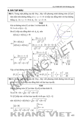 khangvietbook.com
.vn
Cty TNHH MTV DVVH Khang Việt
455
B. BÀI TẬP MẪU
Bài 1. Trong mặt phẳng tọa độ Oxy , hãy viết phương trình đường tròn ( )C có
tâm nằm trên đường thẳng d : x y 1 0− − = và tiếp xúc đồng thời với hai đường
thẳng 1d : 2x y 1 0+ − =và 2d : 2x y 2 0− + =.
Giải
Giả sử đường tròn (C) có tâm I và bán kính R .
Vì ( )I d I t;t 1∈ ⇒ − .
Do (C) tiếp xúc đồng thời với 1 2d ,d nên
( ) ( )1 2d I;d d I;d R= =
( )
( ) ( ) ( )
2 2
1
1 2
2 2 2 2
2t t 1 1
R
R d I;d 2 1
2t t 1 22t t 1 1d I;d d I;d
2 1 2 ( 1)
 + − −
=
 = +
⇔ ⇔ 
− − ++ − −=  =

+ + −
( ) ( )
2 2
2 2
2 2
2t t 1 1
R
1 5 5 32t t 1 1 2 1 I ; I ;R 4 4 2 212 1 t
121 1214 R R3t 2 t 3
80 205
t
2
 + − −
=      + − − + − −    =       ⇔ ⇔ ⇔ ∨+   = −   = =− = +      =

.
Vậy có hai đường tròn thỏa mãn yêu cầu bài toán là
( )
2 2
1
1 5 121
C : x y
4 4 80
   
+ + + =   
   
và ( )
2 2
2
5 3 121
C : x y
2 2 20
   
− + − =   
   
.
Bài 2. Trong mặt phẳng tọa độ Oxy , hãy viết phương trình đường tròn đi qua
điểm ( )A 2; 1− và tiếp xúc đồng thời với hai trục tọa độ.
Giải
Giả sử đường tròn ( )C có tâm ( )I a;b và bán kính R .
Ta có ( ) ( )2 2
R IA a 2 b 1= = − + + .
Vì ( )C tiếp xúc với hai trục tọa độ và đi qua ( )A 2; 1−
nên ( ) ( ) ( ) ( )2 2
d I;Ox d I;Oy a 2 b 1= = − + +
( ) ( )
( ) ( )
2 2
2 2
b a
a b
b a
a 2 b 1 a
a 2 b 1 a
 =
 =   = −⇔ ⇔ 
− + + =  − + + =
 