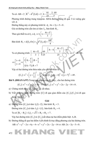 khangvietbook.com
.vn
Kỹ thuật giải nhanh hình phẳng Oxy – Đặng Thành Nam
472
Ta có ( )2 2 81 2 69
AB 2 R d I;d 2 6
25 5
= − = − = .
Phương trình đường trung trực của AB là đường thẳng đi qua I và vuông góc
với d .
Đường thẳng này có phương trình là: 1d : 4x 3y 5 0+ + =.
Giả sử đường tròn cần tìm có tâm 1I , bán kính 1R .
Theo giả thiết ta có 1 1 1
4t 5
I d I t;
3
+ 
∈ ⇒ − 
 
.
Bán kính ( ) ( )
2
2
1 1 1
AB
R d I ;Ox d I ;d
4
= = + .
Ta có phương trình:
2
2
4t 5
3t 4. 6
34t 5 69
t 4t 0
3 25 25
 + 
− − −  
+   − = + ⇔ − = .
( )
5 5
I 0; ,Rt 0
3 3
t 4
I 4; 7 ,R 7
  
− ==  
⇔ ⇒   =  − =
.
Vậy có hai đường tròn thỏa mãn yêu cầu bài toán là:
( )
2
2
1
5 25
C : x y
3 9
 
+ + = 
 
hoặc ( ) ( ) ( )2 2
1C : x 4 y 7 49− + + =.
Bài 9. (ĐHAN/A/97) Trong mặt phẳng tọa độ Oxy , cho hai đường tròn
( ) ( )2 2 2 2
1 2C : x y 2x 4y 4 0; C : x y 2x 2y 14 0+ − + −= + + − −= .
a) Chứng minh rằng ( )1C và ( )2C cắt nhau.
b) Viết phương trình đường tròn ( )C đi qua giao điểm của ( ) ( )1 2C , C và đi qua
điểm ( )M 0;1 .
Giải
a) Đường tròn ( )1C có tâm ( )1I 1; 2− , bán kính 1R 3= .
Đường tròn ( )2C có tâm ( )2I 1;1− , bán kính 2R 4= .
Ta có 1 2 1 2 1 2R R I I 11 R R 7− < = < + = .
Vậy hai đường tròn ( )1C và ( )2C cắt nhau tại hai điểm phân biệt A,B .
b) Đường thẳng đi qua hai điểm A,B chính là trục đẳng phương của hai đường tròn.
2 2 2 2
AB: x y 2x 4y 4 x y 2x 2y 14 AB: 2x 3y 5 0+ − + − = + + − − ⇔ − − = .
 