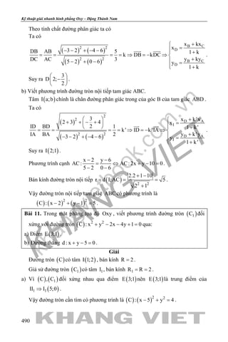 khangvietbook.com
.vn
Kỹ thuật giải nhanh hình phẳng Oxy – Đặng Thành Nam
490
Theo tính chất đường phân giác ta có
Ta có
( ) ( )
( ) ( )
B C2 2 D
2 2
B C
D
x kx
x3 2 4 6DB AB 5 1 kk DB kDC
y kyDC AC 35 2 0 6 y
1 k
+
=− − + − −  += = ==⇒ =− ⇒ 
+− + − =
 +
 
.
Suy ra
3
D 2;
2
 
− 
 
.
b) Viết phương trình đường tròn nội tiếp tam giác ABC.
Tâm ( )I a;b chính là chân đường phân giác trong của góc B của tam giác ABD .
Ta có
( )
( ) ( )
2
2 D A
I
2 2
D A
I
3 x k'x
2 3 4 x
2ID BD 1 1 k'k' ID k'IA
y k'yIA BA 23 2 4 6 y
1 k'
  ++ + − + =    += = ==⇒ =− ⇒ 
+− − + − − =
 +
 
.
Suy ra ( )I 2;1 .
Phương trình cạnh
x 2 y 6
AC: AC: 2x y 10 0
5 2 0 6
− −
= ⇔ + − =
− −
.
Bán kính đường tròn nội tiếp ( ) 2 2
2.2 1 10
r d I;AC 5
2 1
+ −
= = =
+
.
Vậy đường tròn nội tiếp tam giác ABC có phương trình là
( ) ( ) ( )2 2
C : x 2 y 1 5− + − =.
Bài 11. Trong mặt phẳng tọa độ Oxy , viết phương trình đường tròn ( )1C đối
xứng với đường tròn ( ) 2 2
C : x y 2x 4y 1 0+ − − + =qua:
a) Điểm ( )E 3;1 .
b) Đường thẳng d : x y 5 0+ − =.
Giải
Đường tròn ( )C có tâm ( )I 1;2 , bán kính R 2= .
Giả sử đường tròn ( )1C có tâm 1I , bán kính 1R R 2= = .
a) Vì ( ) ( )1C , C đối xứng nhau qua điểm ( )E 3;1 nên ( )E 3;1 là trung điểm của
( )1 1II I 5;0⇒ .
Vậy đường tròn cần tìm có phương trình là ( ) ( )2 2
C : x 5 y 4− + =.
 