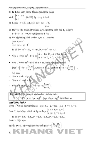 khangvietbook.com
.vn
Kỹ thuật giải nhanh hình phẳng Oxy – Đặng Thành Nam
50
Ví dụ 2. Xét vị trí tương đối của hai đường thẳng
a)  1 2
x 1 t
d : , t ;d : x y 1 0
y 1 t
      
  
 .
b) 1 2d : mx y 2 0;d : x my m 1 0+ += + + += .
Giải
a) Thay x,y từ phương trình của 1d vào phương trình của 2d ta được
1 t 1 t 1 0+ − − + = , vô nghiệm nên 1 2d / /d .
b) Xét hệ phương trình tạo bởi 1d và 2d , ta được
mx y 2
x my m 1
+ =−

+ =− −
.
Ta có 2 2
x yD m 1,D 1 m,D m m 2= − =− =− − + .
 Nếu
x 1 22
x y 1 2
m 1 D 2 0 d / /d
D 0 m 1 0
m 1 D D 0 d d
=− ⇒ = ≠ ⇒
= ⇔ − = ⇔ 
=⇒ = = ⇒ ≡
.
 Nếu 2
D 0 m 1 0 m 1≠ ⇔ − ≠ ⇔ ≠ ± , hệ có nghiệm duy nhất
( )
2 m
x;y m 1;
m 1
− 
= − − 
+ 
. Khi đó 1d cắt 2d tại điểm
2 m
I m 1;
m 1
− 
− − 
+ 
.
Kết luận:
- Nếu 1 2m 1 d / /d=− ⇒ .
- Nếu 1 2m 1 d d=⇒ ≡ .
- Nếu 1 2
2 m
m 1 d d I m 1;
m 1
− 
≠ ± ⇒ = − − 
+ 
 .
Bài toán 2. Biện luận giá trị nhỏ nhất của biểu thức
( ) ( )2 2
1 1 1 2 2 2P a x b y c a x b y c= + + + + + theo tham số.
PHƯƠNG PHÁP
Bước 1: Xét hai đường thẳng 1 1 1 1 2 2 2 2d :a x b y c 0;d :a x b y c 0+ += + += .
Bước 2: Xét hệ tạo bởi 1d và 2d , ta được 1 1 1
2 2 2
a x b y c 0
a x b y c 0
+ + =

+ + =
.
Ta có 1 2 2 1 x 1 2 2 1 y 1 2 2 1D a b a b ,D c b c b ,D c a c a= − = − = − .
Bước 3: Biện luận
d) Nếu D 0≠ , hệ có nghiệm duy nhất ( ) yx
DD
x;y ;
D D
 
=  
 
.
 