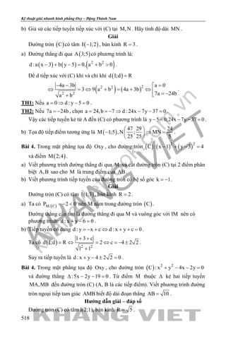 khangvietbook.com
.vn
Kỹ thuật giải nhanh hình phẳng Oxy – Đặng Thành Nam
518
b) Giả sử các tiếp tuyến tiếp xúc với (C) tại M,N . Hãy tính độ dài MN .
Giải
Đường tròn ( )C có tâm ( )I 1;2− , bán kính R 3= .
a) Đường thẳng đi qua ( )A 3;5 có phương trình là:
( ) ( ) ( )2 2
d :a x 3 b y 5 0, a b 0− + − = + > .
Để d tiếp xúc với (C) khi và chỉ khi ( )d I;d R=
( ) ( )22 2
2 2
a 04a 3b
3 9 a b 4a 3b
7a 24ba b
=− − 
⇔ =⇔ + = + ⇔  = −+
.
TH1: Nếu a 0 d : y 5 0= ⇒ − = .
TH2: Nếu 7a 24b= − , chọn a 24,b 7 d : 24x 7y 37 0= =− ⇒ − − = .
Vậy các tiếp tuyến kẻ từ A đến (C) có phương trình là y 5 0;24x 7y 37 0−= − −= .
b) Tọa độ tiếp điểm tương ứng là ( )
47 29 24
M 1;5 ,N ; MN
25 25 5
 
− ⇒ = 
 
.
Bài 4. Trong mặt phẳng tọa độ Oxy , cho đường tròn ( ) ( ) ( )2 2
C : x 1 y 3 4− + − =
và điểm ( )M 2;4 .
a) Viết phương trình đường thẳng đi qua M và cắt đường tròn (C) tại 2 điểm phân
biệt A,B sao cho M là trung điểm của AB .
b) Viết phương trình tiếp tuyến của đường tròn có hệ số góc k 1= − .
Giải
Đường tròn (C) có tâm ( )I 1;3 , bán kính R 2= .
a) Ta có ( )M/ CP 2 0=− < nên M nằm trong đường tròn ( )C .
Đường thẳng cần tìm là đường thẳng đi qua M và vuông góc với IM nên có
phương trình: d : x y 6 0+ − =.
b) Tiếp tuyến có dạng d : y x c d : x y c 0=− + ⇔ + + = .
Ta có ( ) 2 2
1 3 c
d I;d R 2 c 4 2 2
1 1
+ +
= ⇔ = ⇔ =− ±
+
.
Suy ra tiếp tuyến là d : x y 4 2 2 0+ − ± =.
Bài 4. Trong mặt phẳng tọa độ Oxy , cho đường tròn ( ) 2 2
C : x y 4x 2y 0+ − − =
và đường thẳng :5x 2y 19 0∆ − − =. Từ điểm M thuộc ∆ kẻ hai tiếp tuyến
MA,MB đến đường tròn (C) (A, B là các tiếp điểm). Viết phương trình đường
tròn ngoại tiếp tam giác AMB biết độ dài đoạn thẳng AB 10= .
Hướng dẫn giải – đáp số
Đường tròn (C) có tâm I(2;1), bán kính R 5= .
 