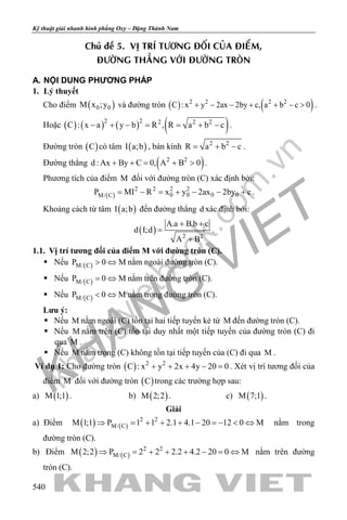 khangvietbook.com
.vn
Kỹ thuật giải nhanh hình phẳng Oxy – Đặng Thành Nam
540
Chuû ñeà 5. VÒ TRÍ TÖÔNG ÑOÁI CUÛA ÑIEÅM,
ÑÖÔØNG THAÚNG VÔÙI ÑÖÔØNG TROØN
A. NỘI DUNG PHƯƠNG PHÁP
1. Lý thuyết
Cho điểm ( )0 0M x ;y và đường tròn ( ) ( )2 2 2 2
C : x y 2ax 2by c, a b c 0+ − − + + − > .
Hoặc ( ) ( ) ( ) ( )2 2 2 2 2
C : x a y b R , R a b c− + − = = + − .
Đường tròn ( )C có tâm ( )I a;b , bán kính 2 2
R a b c= + − .
Đường thẳng ( )2 2
d : Ax By C 0, A B 0+ += + > .
Phương tích của điểm M đối với đường tròn (C) xác định bởi:
( )
2 2 2 2
0 0 0 0M/ CP MI R x y 2ax 2by c= − = + − − + .
Khoảng cách từ tâm ( )I a;b đến đường thẳng d xác định bởi:
( ) 2 2
A.a B.b c
d I;d
A B
+ +
=
+
.
1.1. Vị trí tương đối của điểm M với đường tròn (C).
 Nếu ( )M/ CP 0 M> ⇔ nằm ngoài đường tròn (C).
 Nếu ( )M/ CP 0 M= ⇔ nằm trên đường tròn (C).
 Nếu ( )M/ CP 0 M< ⇔ nằm trong đường tròn (C).
Lưu ý:
 Nếu M nằm ngoài (C) tồn tại hai tiếp tuyến kẻ từ M đến đường tròn (C).
 Nếu M nằm trên (C) tồn tại duy nhất một tiếp tuyến của đường tròn (C) đi
qua M .
 Nếu M nằm trong (C) không tồn tại tiếp tuyến của (C) đi qua M .
Ví dụ 1: Cho đường tròn ( ) 2 2
C : x y 2x 4y 20 0+ + + − =. Xét vị trí tương đối của
điểm M đối với đường tròn ( )C trong các trường hợp sau:
a) ( )M 1;1 . b) ( )M 2;2 . c) ( )M 7;1 .
Giải
a) Điểm ( ) ( )
2 2
M/ CM 1;1 P 1 1 2.1 4.1 20 12 0 M⇒ =+ + + − =− < ⇔ nằm trong
đường tròn (C).
b) Điểm ( ) ( )
2 2
M/ CM 2;2 P 2 2 2.2 4.2 20 0 M⇒ = + + + − = ⇔ nằm trên đường
tròn (C).
 