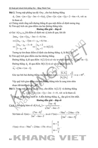 khangvietbook.com
.vn
Kỹ thuật giải nhanh hình phẳng Oxy – Đặng Thành Nam
64
Bài 2. Trong mặt phẳng tọa độ Oxy , cho hai đường thẳng
( ) ( ) ( )1 2d : 2mx m 1 y 3m 1 0;d : 3m 1 x m 1 y 2 6m 0− + − += + + − + −= , với m
là tham số.
a) Chứng minh rằng mỗi đường thẳng đi qua một điểm cố định tương ứng.
b) Tìm quỹ tích các giao điểm của hai đường thẳng trên.
Hướng dẫn giải – đáp số
a) Gọi ( )0 0A x ;y là điểm cố định mà 1d luôn đi qua, khi đó
( )0 02mx m 1 y 3m 1 0, m− + − + = ∀ .
( )0 0 02x y 3 m 1 y 0, m⇔ − − + − = ∀ .
( )0 0 0
0 0
2x y 3 0 x 2
A 2;1
1 y 0 y 1
− −= = 
⇔ ⇔ ⇒ 
−= = 
.
Tương tự tìm được điểm cố định của đường thẳng 2d là B(1;3).
b) Tìm quỹ tích giao điểm của hai đường thẳng.
Đường thẳng 1d đi qua điểm ( )A 2;1 và có véc tơ pháp tuyến ( )1n 2m; m 1= − −

.
Đường thẳng 2d đi qua điểm ( )B 1;3 và có véc tơ pháp tuyến
( )2n 3m 1;m 1= + −

.
Góc tạo bởi hai đường thẳng xác định bởi
1 2 0
1 2
n .n 2
cos 45
2n . n
α= = ⇒ α=
 
  .
Vậy quỹ tích giao điểm của hai đường thẳng trên là cung tròn nhìn
đoạn AB dưới một góc 0
45 .
Bài 3. Trong mặt phẳng tọa độ Oxy, cho điểm ( )A 2;3 và đường thẳng
( ) ( )md : m 2 x m 1 y 2m 1 0− + − + − = , với m là tham số.
Tìm m để khoảng cách từ A đến đường thẳng md đạt giá trị lớn nhất.
Hướng dẫn giải – đáp số
Cách 1: Sử dụng hàm số ( )m
2
7m 8
d A;d
2m 6m 5
−
=
− +
.
Xét hàm số
( )2
2
7m 8
f (m)
2m 6m 5
−
=
− +
, ta có
( )
2
22
70m 234m 176
f '(m)
2m 6m 5
− + −
=
− +
.
2
8
m
7
f '(m) 0 70m 234m 176 0
11
m
5

=
= ⇔ − + − = ⇔ 
 =

.
 