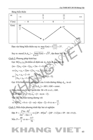 khangvietbook.com
.vn
Cty TNHH MTV DVVH Khang Việt
65
Bảng biến thiên
m
−∞
8
7
11
5
+∞
f '(m) − 0 + 0 −
f (m) 49
2
37
0
49
2
Dựa vào bảng biến thiên suy ra
m
11
maxf (m) f 37
5
    
.
Suy ra  m
m
maxd A;d maxf (m) 37

 

, đạt được khi
11
m
5
= .
Cách 2: Phương pháp hình học
Gọi ( )0 0M x ;y là điểm cố định mà md luôn đi qua, khi đó
( ) ( )0 0m 2 x m 1 y 2m 1 0, m− + − + − = ∀ .
( ) ( )0 0 0 0x y 2 m 2x y 1 0, m⇔ + + − + + = ∀ .
( )0 0 0
0 0 0
x y 2 0 x 1
M 1; 3
2x y 1 0 y 3
+ += = 
⇔ ⇔ ⇒ − 
+ + = =− 
.
Gọi H là hình chiếu vuông góc của A trên đường thẳng md , ta có
( )md A;d AH AM const= ≤ = .
Đẳng thức xảy ra khi và chỉ khi M H d AM≡ ⇔ ⊥ .
Ta có ( ) ( )dAM 1; 6 ,u 1 m;m 2= − − = − −
 
.
Yêu cầu bài toán tương đương với
( ) ( )d
11
AM.u 0 1 m 6 m 2 0 m
5
⇔ = ⇔ − − − − = ⇔ =
 
.
Cách 3: Điều kiện phương trình bậc hai có nghiệm
Đặt
( )
( ) ( )
2
2
2
7m 8
P 2P 49 m 6P 112 m 5P 64 0 (1)
2m 6m 5
−
= ⇔ − − − + −=
− +
.
Nếu
49 117
P m
2 70
= ⇔ = .
 