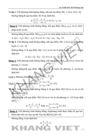 khangvietbook.com
.vn
Cty TNHH MTV DVVH Khang Việt
7
Ví dụ 1. Viết phương trình đường thẳng d đi qua hai điểm ( )M 1;2− và ( )N 3; 6− .
Đường thẳng đi qua hai điểm M,N xác định bởi:
x 1 y 2
d : d : 2x y 0
3 1 6 2
+ −
= ⇔ +=
+ − −
.
Dạng 2: Viết phương trình đường thẳng d đi qua điểm ( )0 0M x ;y và có véctơ
pháp tuyến ( )a;b .
Đường thẳng đi qua điểm ( )0 0M x ;y và có véctơ pháp tuyến (a; b) xác định bởi:
( ) ( )0 0 0 0d :a x x b y y 0 d :a x by ax by 0− + − = ⇔ + − − = .
Ví dụ 2. Viết phương trình đường thẳng d đi qua điểm ( )M 1;2− và có véctơ pháp
tuyến ( )n 2; 3= −

.
Đường thẳng d đi qua điểm ( )M 1;2− và có véc tơ pháp tuyến ( )n 2; 3= −

xác
định bởi:
( ) ( )d : 2 x 1 3 y 2 0 d : 2x 3y 8 0+ − − = ⇔ − + = .
Dạng 3: Viết phương trình đường thẳng d đi qua điểm ( )0 0M x ;y và có véctơ chỉ
phương ( )u a;b=

.
Đường thẳngd đi qua điểm ( )0 0M x ;y và có véctơ chỉ phương ( )u a;b=

xác
định bởi:
Cách 1: Phương trình chính tắc 0 0x x y y
d :
a b
− −
= .
Cách 2: Phương trình tham số ( )0
0
x x at
d : , t
y y bt
= +
∈
= +
 .
Ví dụ 3. Viết phương trình đường thẳng d đi qua điểm ( )M 3;4 và có véc tơ chỉ
phương ( )u 2;3=

.
Đường thẳng d đi qua điểm ( )M 3;4 và có véc tơ chỉ phương ( )u 2;3=

xác định
bởi:
x 3 y 4
d :
2 3
− −
= hoặc ( )
x 3 2t
d : , t
y 4 3t
= +
∈
= +
 .
Dạng 4: Viết phương trình đường thẳng d (phương trình đoạn chắn) đi qua hai
điểm nằm trên các trục tọa độ ( ) ( ) ( )A a;0 ,B 0;b , ab 0≠ .
Đường thẳng d xác định bởi:
x y
d : 1
a b
+ =.
 